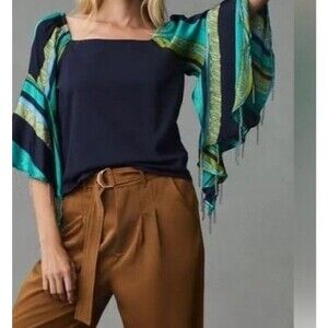 Anthropologie M Blouse Top Fringe Beaded Bell Flare Sleeve Y2K Gypsy Fairy Boho